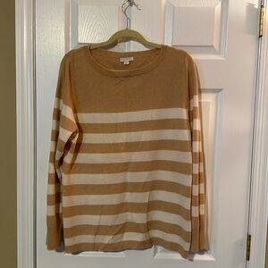 100% cashmere, beige and white stripe sweater from Garnet Hill